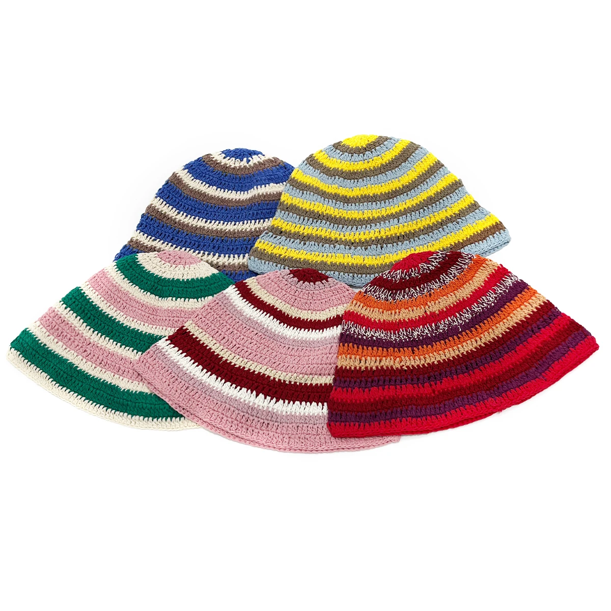 

Fashion Designer Colorful Striped Hand Hook Knitted Cap Handmade Crochet Cotton Wool Bucket Hat Custom