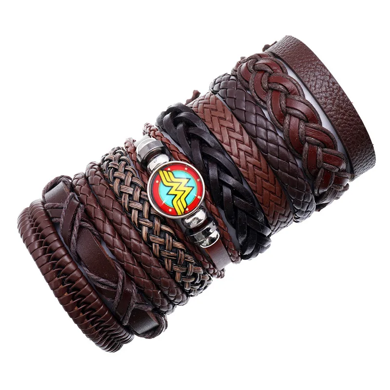 

Wholesale Punk Style For Men and Women Jewelry Fast Delivery Time Handmade Woven Leather Bracelet DIY Style Set Bracelet, As picture