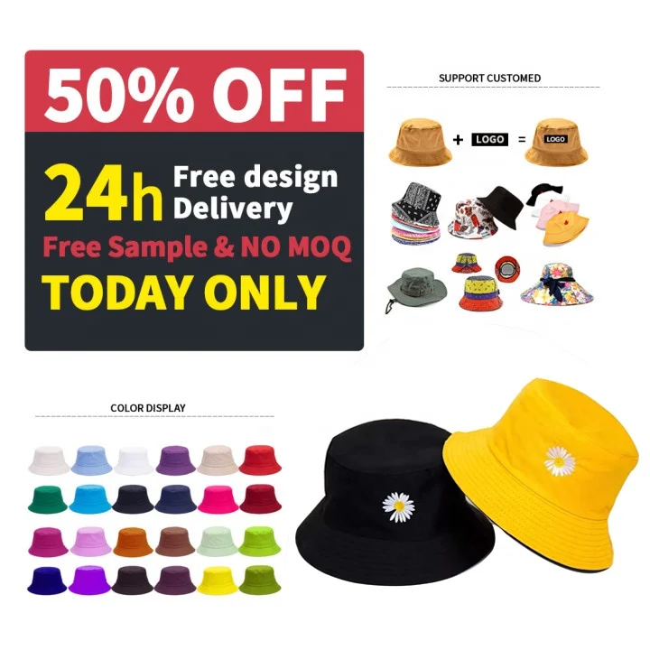 

Printed or embroidery your own logo custom wholesale bucket hats Embroidery Reversible Bucket Hat