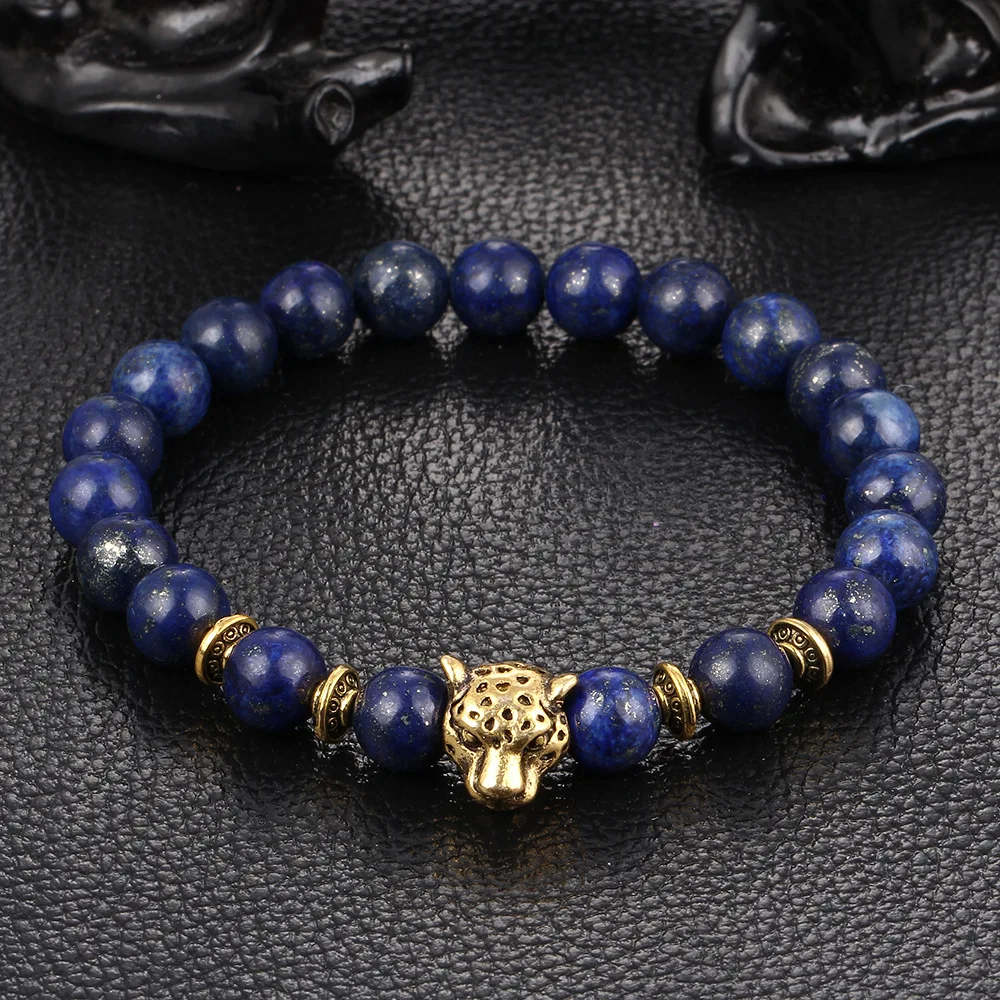 

Leopard Head Men Bracelet For Women Natural Stone Tiger Eye Onyx Lava Beads Bracelets, As pictue show