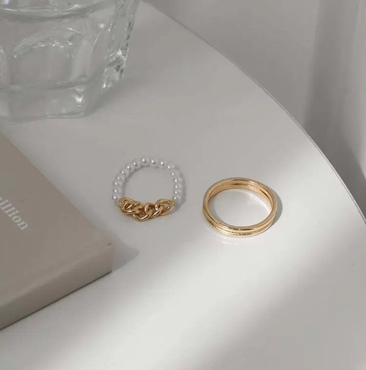 

2pcs pearl alloy chain gold index finger ring for women fashion personality simple ring