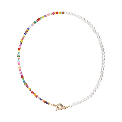 

Boho Newest 18K Gold Plated Asymmetry Rice Beaded Pearl Necklace Freshwater Pearl Colorful Seed Bead Choker Necklace