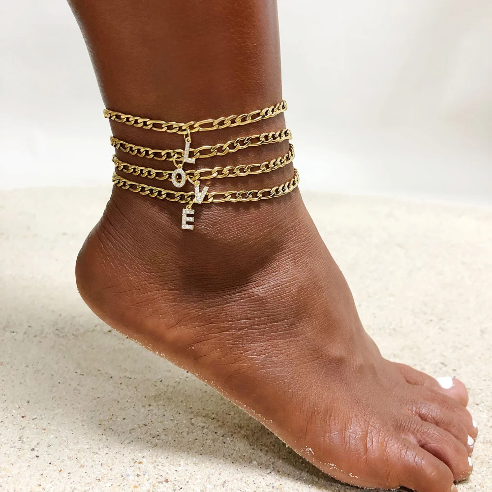 

2022 Women Fashion Trendy Gold Plated Crystal Diamond Alphabet Charm Foot Jewelry Initial Letter Anklets