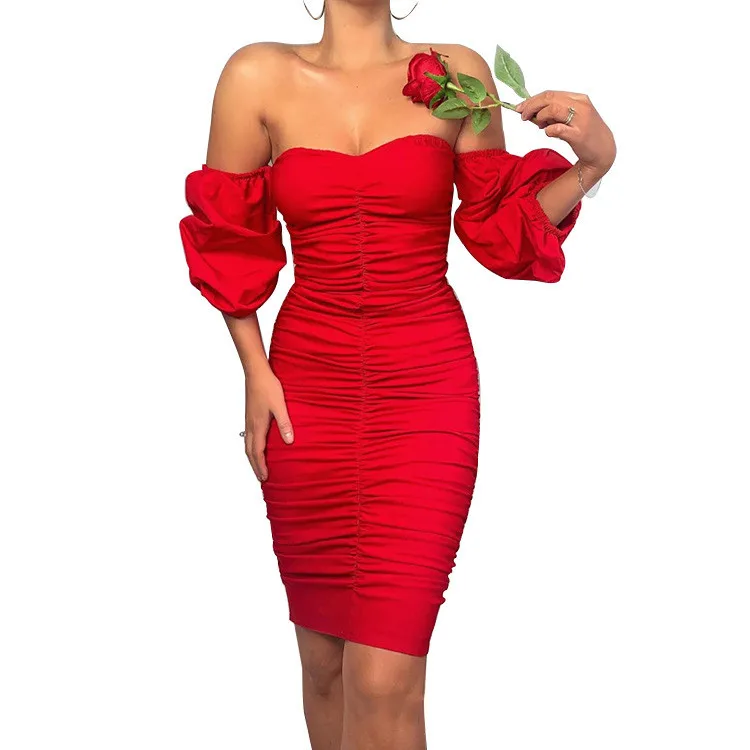 

Womens summer off shoulder sexy half sleeve club party cocktail homing evening red dresses trendy 2021