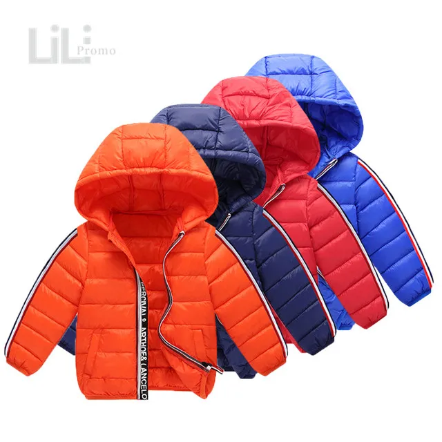 Kids fashion hooded winter jacket / puffer bubble coat with colorful strip on Sleeve