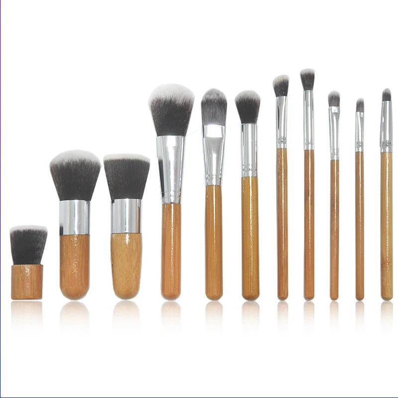 

Wholesale 11 Pieces Makeup Brush Nylon Foundation Brush Sack Packaging Private Label Bamboo Makeup Brushes Set, As picture