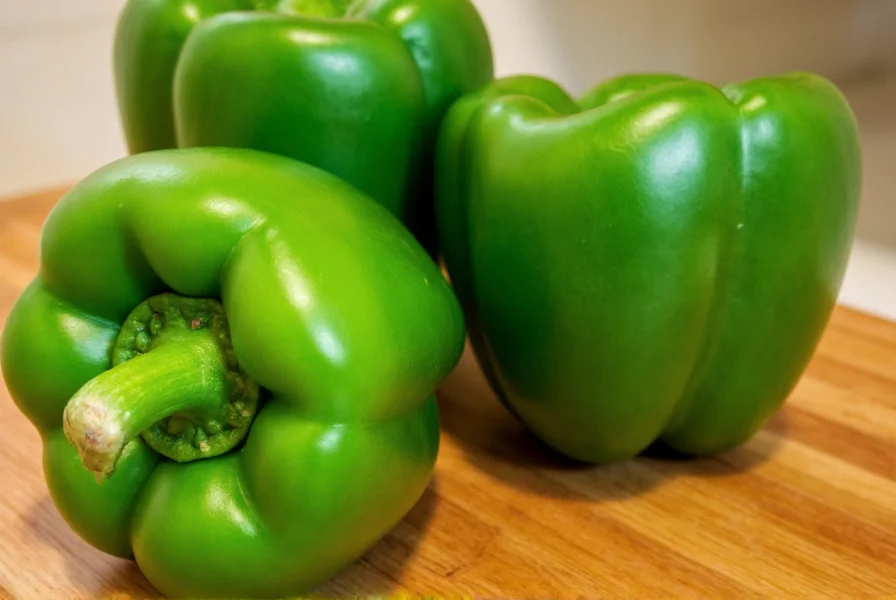 Close-up of fresh green bell peppers showing their crisp texture and vibrant color on a wooden cutting board