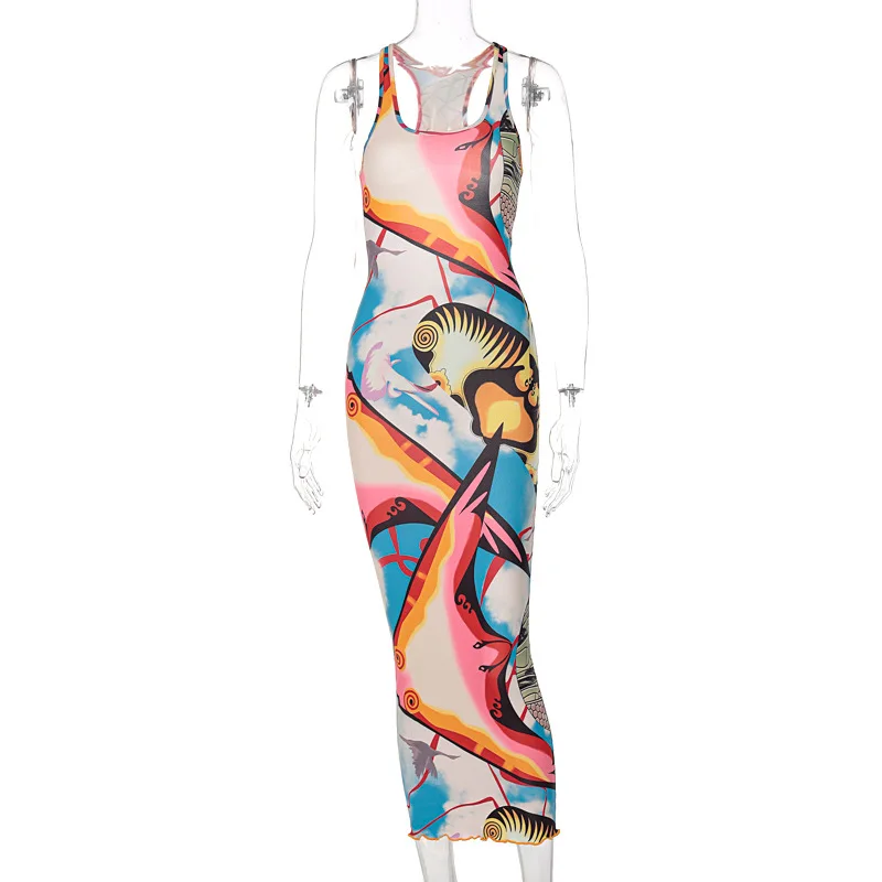 

2021 new arrivals summer collection printed back hollow out design women long summer dresses