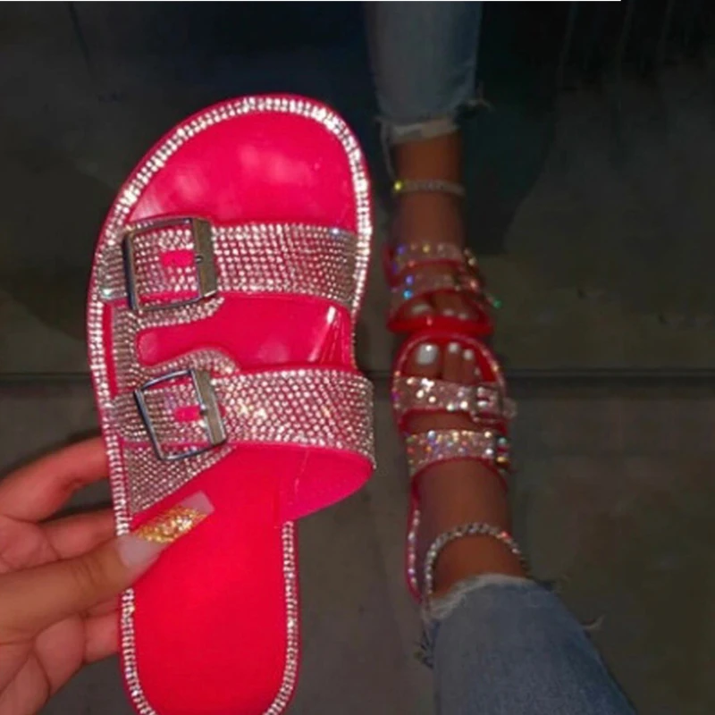 

Platform Sandals Women Bling Wedges Shoes Slip On Flat Handmade Rhinestones Slides Casual Shoes