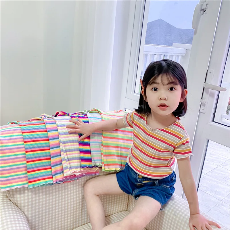 

Hot Sale Baby Girls Colorful Striped Knit Tops Toddler Girls Rainbow Puff Sleeve Casual Girls Sweater Tops, As picture