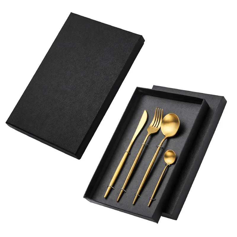 

Luxury Matte Gold Restaurant Wedding Reusable Knife Spoon Fork Flatware Stainless Steel Cutlery Set With Gift Box