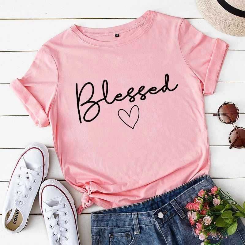 

New Design Luxury Quality Cotton Loose Fit Little Drop Shoulder Bleesed Print Brand Blank Women T Shirt Oversized