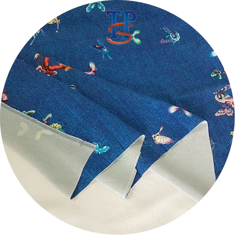 
40MM custom blue butterfly digital printing 95% silk 5% elastic spring heavy crepe de chine fabric 