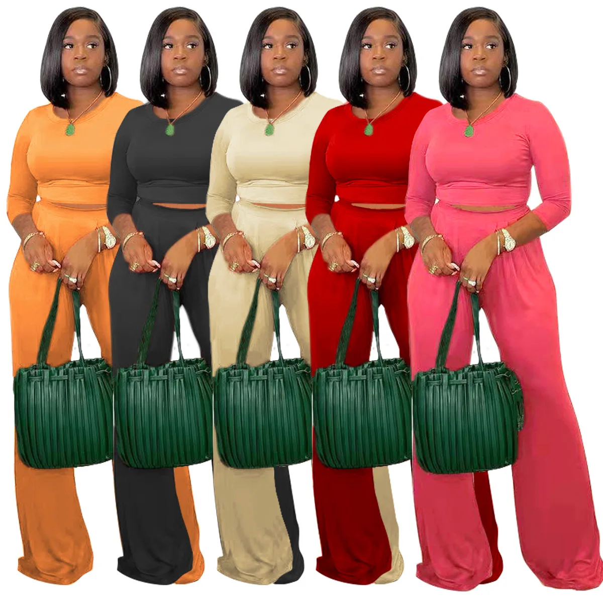 

Top Selling Products 2021 Crop Top Women Suits Two Pieces Jogger Pants Wide Leg Trousers Fall Sets, Picture