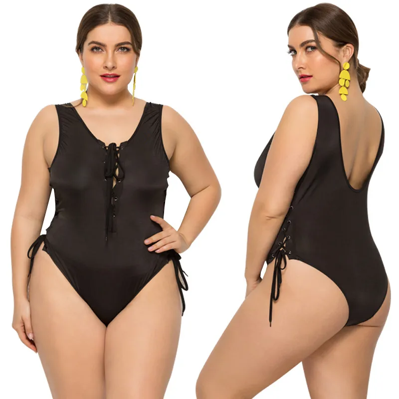

2021 Plus Sizes Large Ladies Bathing Suits Swimsuits Summer Black Bandage One Piece 1Piece Swimwear Bikinis For Plus Size Women, Picture showed