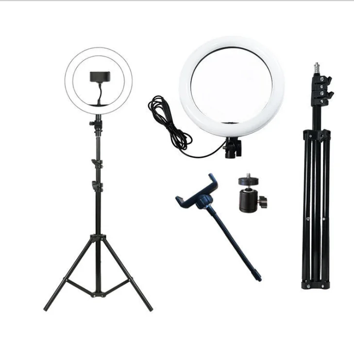 

10 inch 26CM led selfie ring light set with tripod 1 phone holder 3 modes for mobile phone live streaming, Black+white