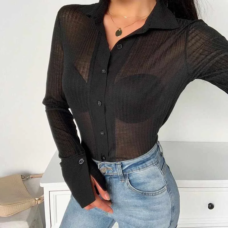 

Shirts Long Sleeve Transparent Turn Down Collar Solid Casual Streetwear Office Lady Blouse Female Top