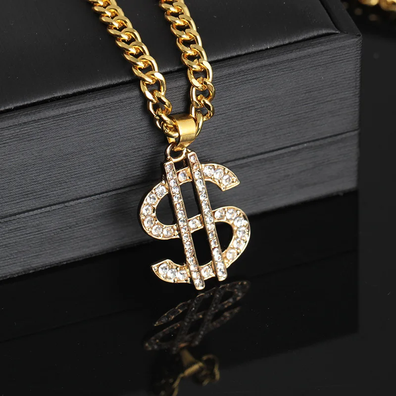 

Punk Luxury 18K Gold Plated Chain Dollar Sign Pendant Necklace Shiny Zirconia American Money Sign Necklace For Male