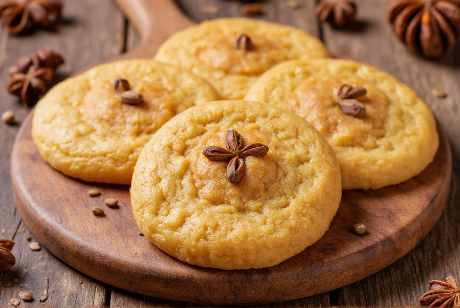 Close-up of golden anise cookies arranged on a rustic wooden board with anise seeds sprinkled around