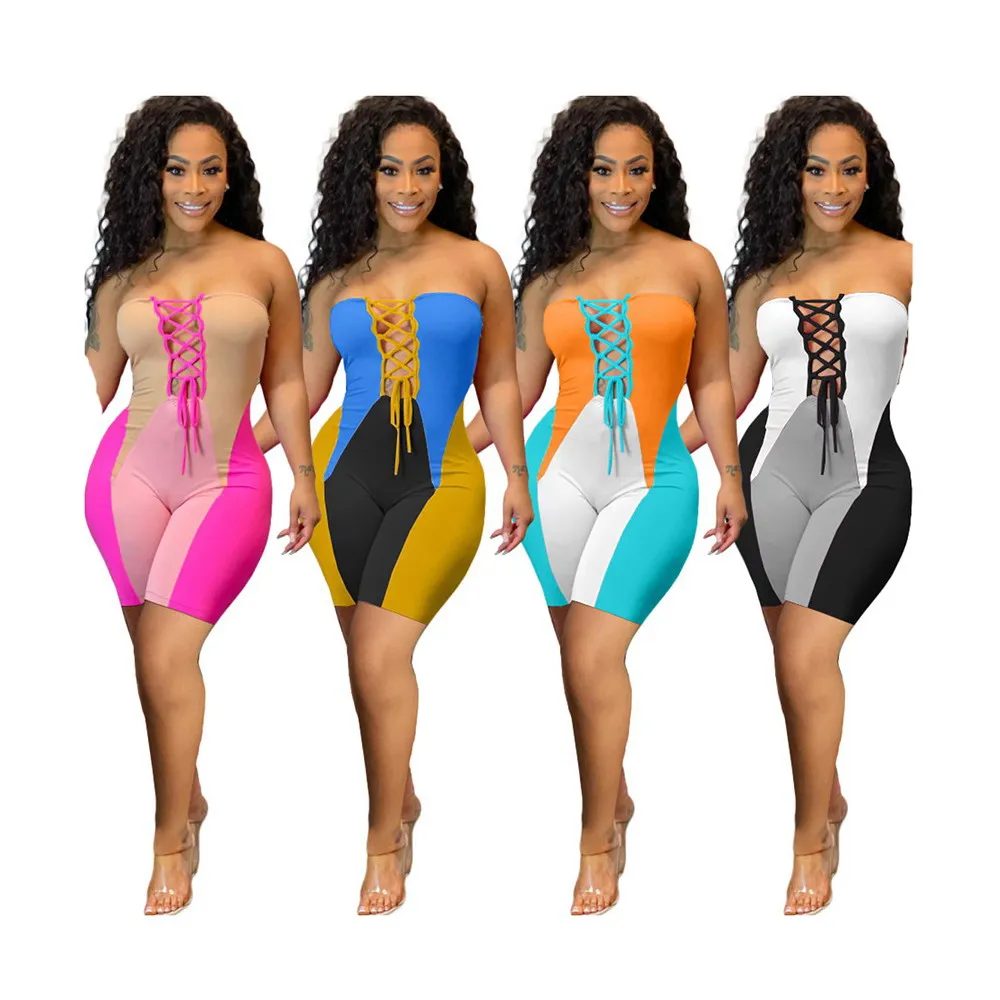 

Foma HM6888 fashion color block strapless sexy bodycon romper hollow out one piece shorts jumpsuit for women, 4 colors