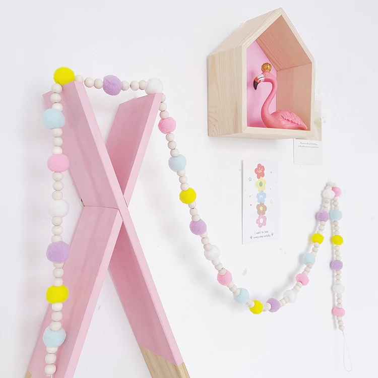 

Hot sell nordic wood beads string felt ball wall hanging pom garland kids decoration baby room decor, As picture