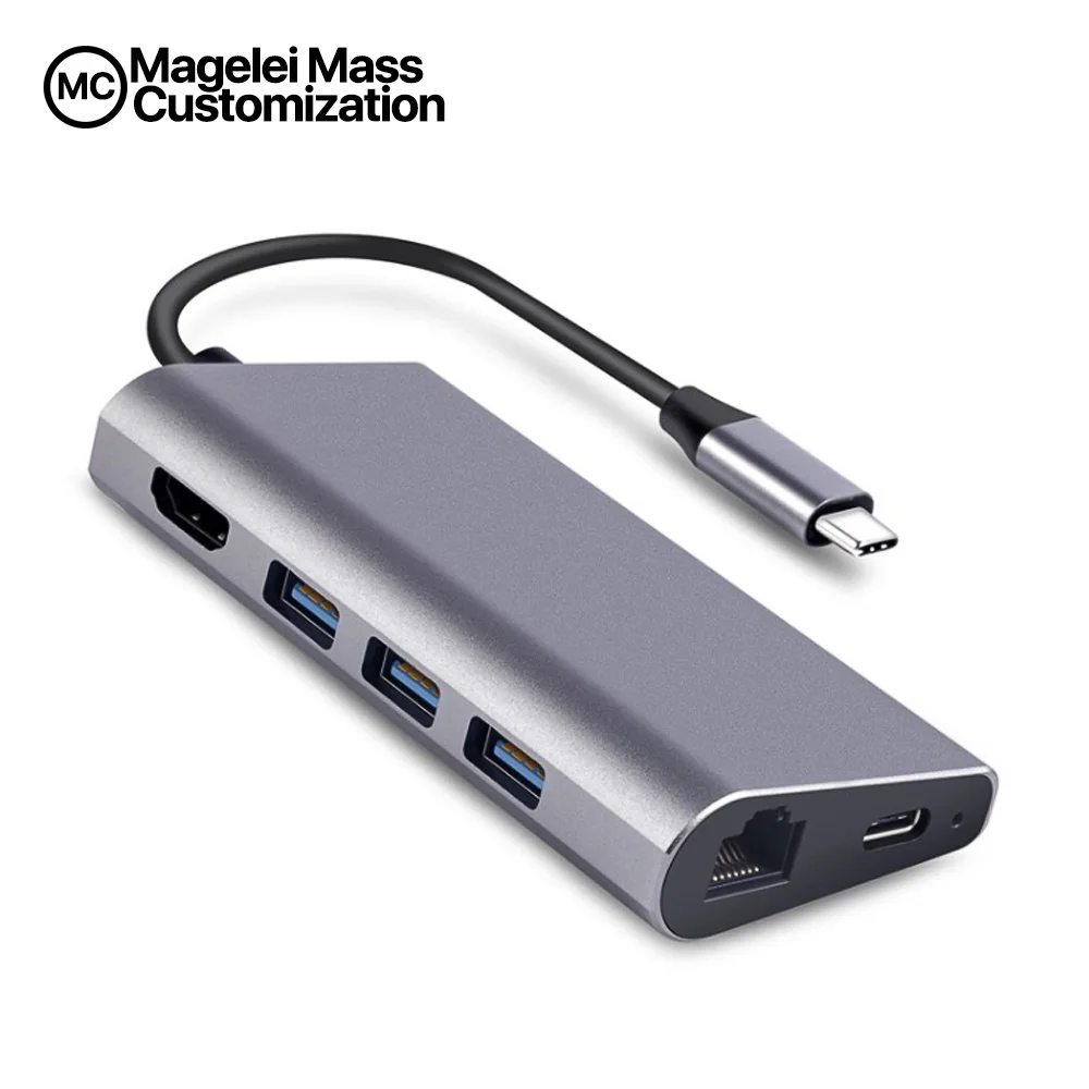 

New products 8 in 1 3.1 USB C type C hubs to HDMI 3*USB 3.0 RJ45 Gigabit Ethernet SD/TF card reader, Gray silver