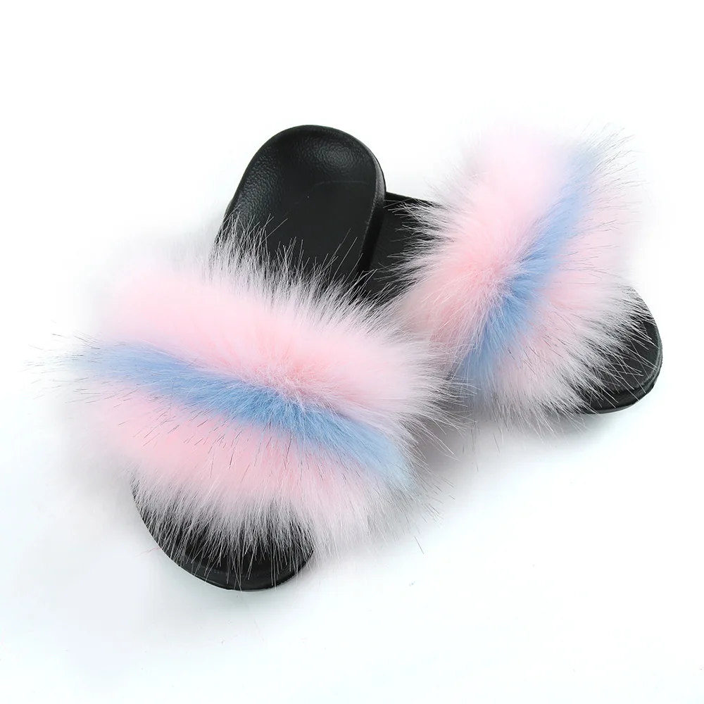 

New Design PVC Sole Multi Colors Rainbow Block Fox Fur Slippers Natural Color Raccoon Fur Slides with Purse for Girls