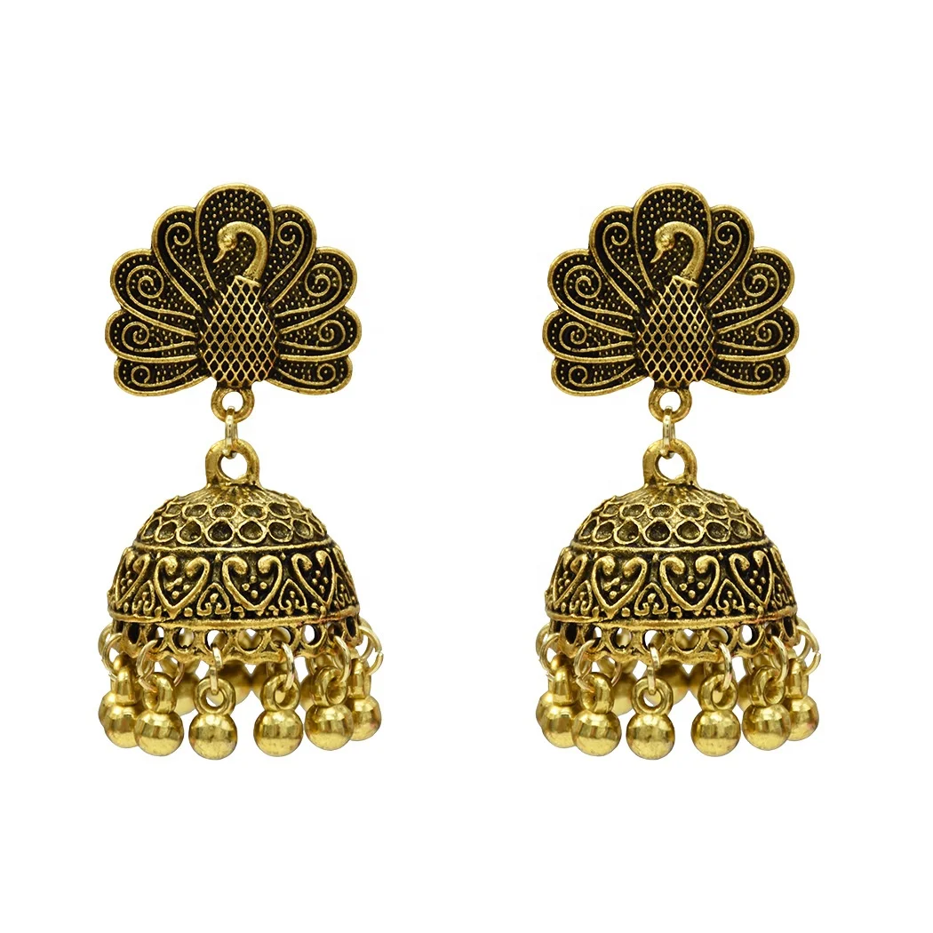 

2020 Wholesale Indian Bollywood Jewelry Oxidized Silver Jhumka Jhumki Metal Bell Peacock Charms Dangling Statement Earrings Gir