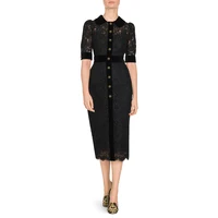 

New arrival short sleeve button black elegant casual office lace ladies work dresses women
