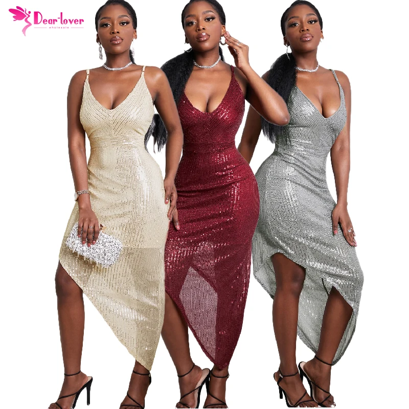 

2021 Fashion Sexy Woman Lady Elegant V Neck Twist Front Slit Bodycon Party Sequin Evening Free Prom Dresses Women