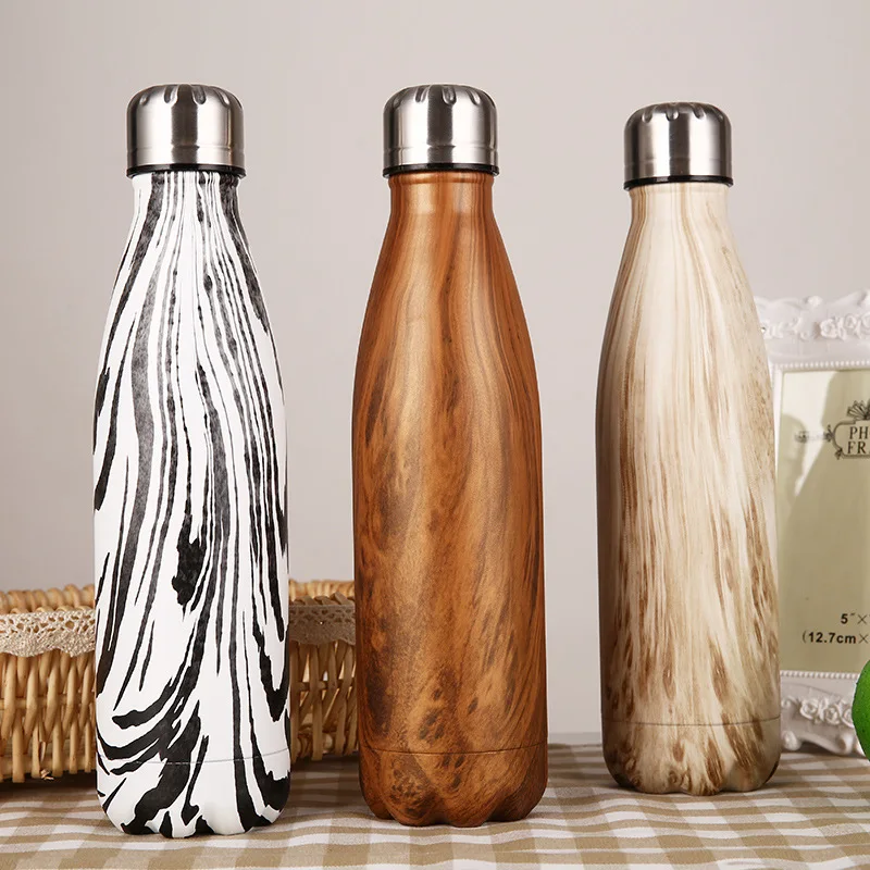 

17oz 500 ml Cola shaped customized wood pattern thermal stainless steel water bottle chilly insulated termos