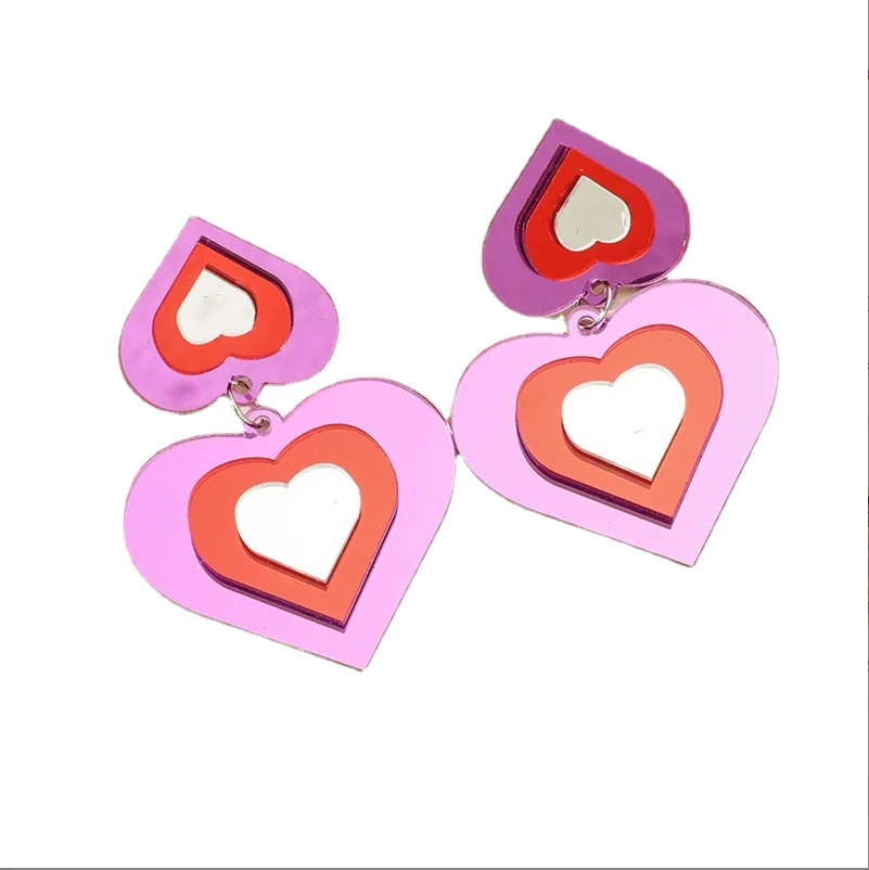 

Personality popular senior temperament female exaggerated pink double love geometric acrylic earrings