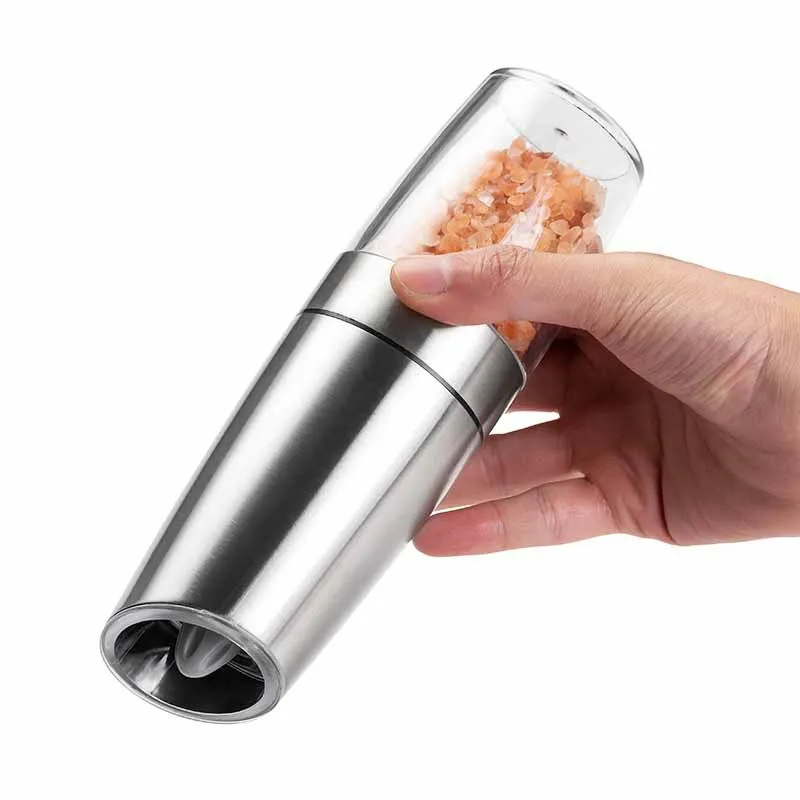 

Amazon Hot Selling Electric Salt and Pepper Grinder Set Salt Pepper Mill Gadget 2020 Battery Stainless Steel Transparent Metal, Silver