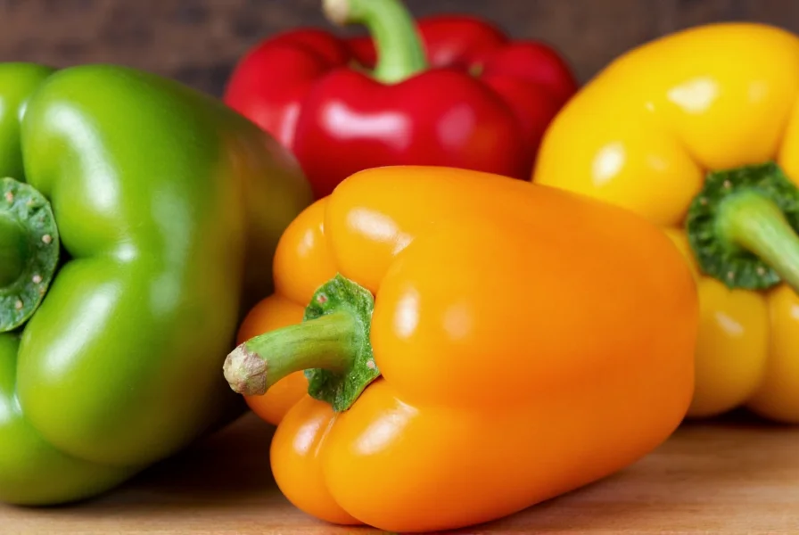 Close-up view of different colored bell peppers showing green, red, yellow, and orange varieties arranged on a wooden table