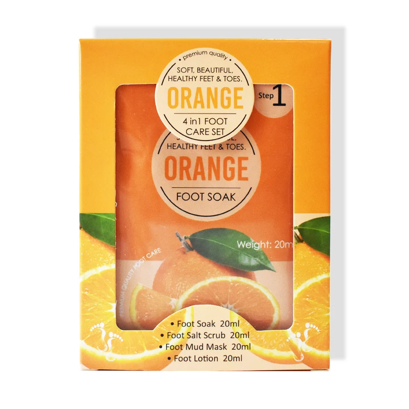 

Professional foot skin care orange 4 step foot care set soak salt mud mask lotion personal care wholesale price ready to ship