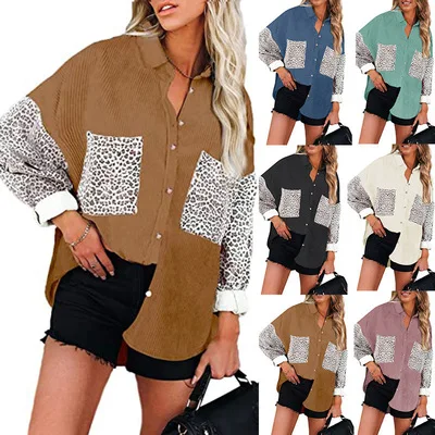 

H9839 Amazon fashion new loose casual leopard corduroy plus size women's blouses