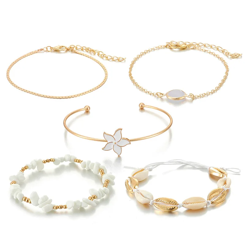 

2021 New design 5 pieces per set Flower shell bracelet Creative ins style natural stone crystal bracelet set for woman