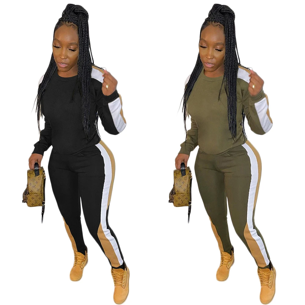 SA3716 - women modern patch pants and long sleeve top two piece set