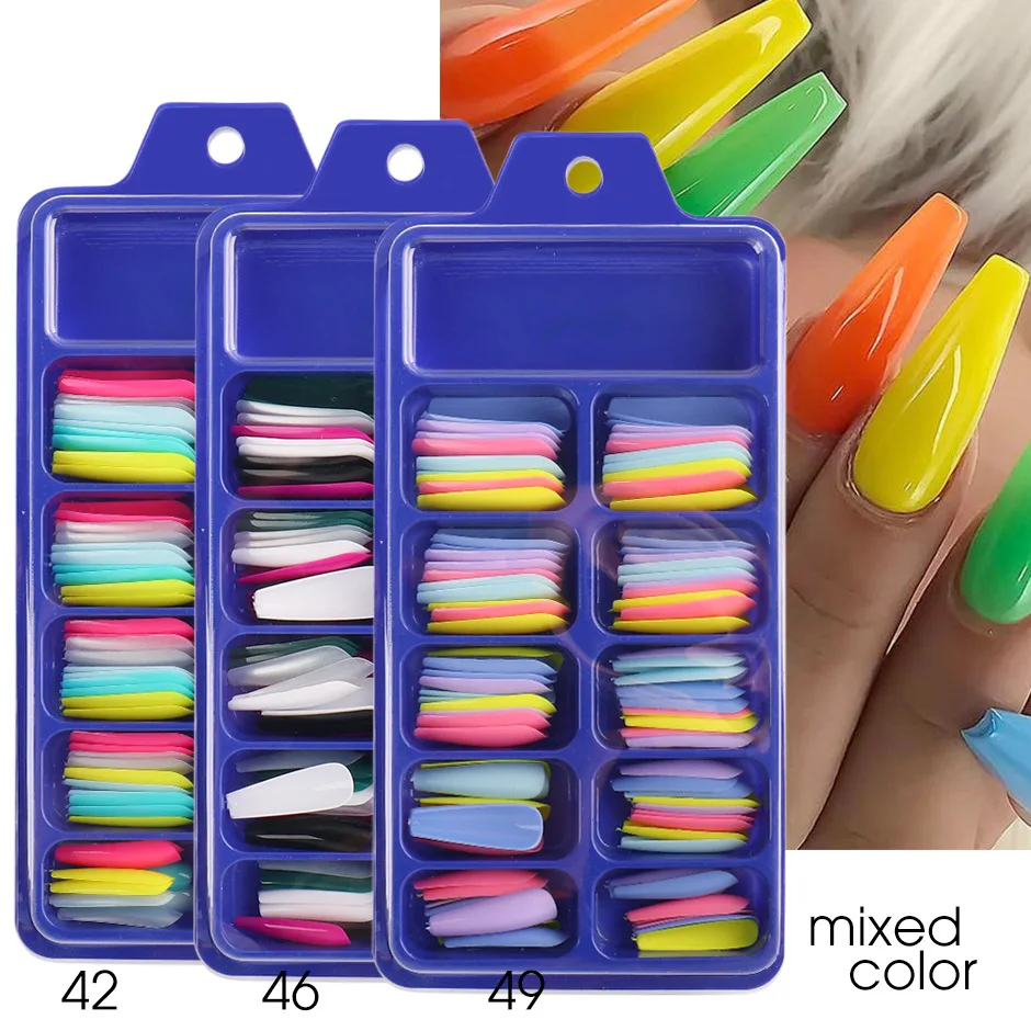 

100 pieces of blister box with solid color pointed false nail stickers long ballerina candy color red blue pink false nails