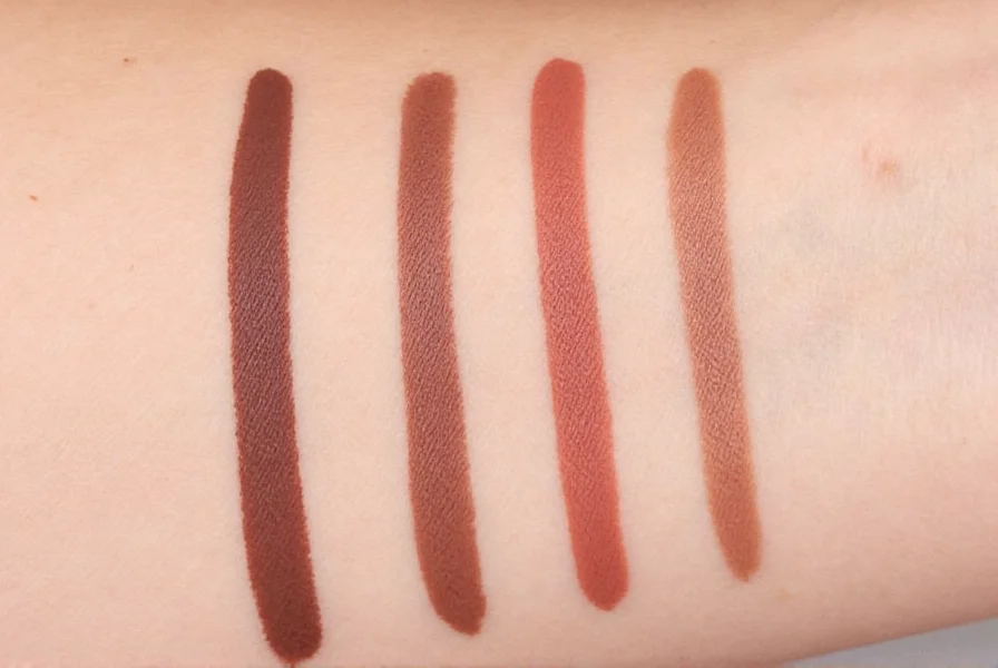 Close-up swatch of NYX Lip Liner Nutmeg on various skin tone arms showing warm brown shade
