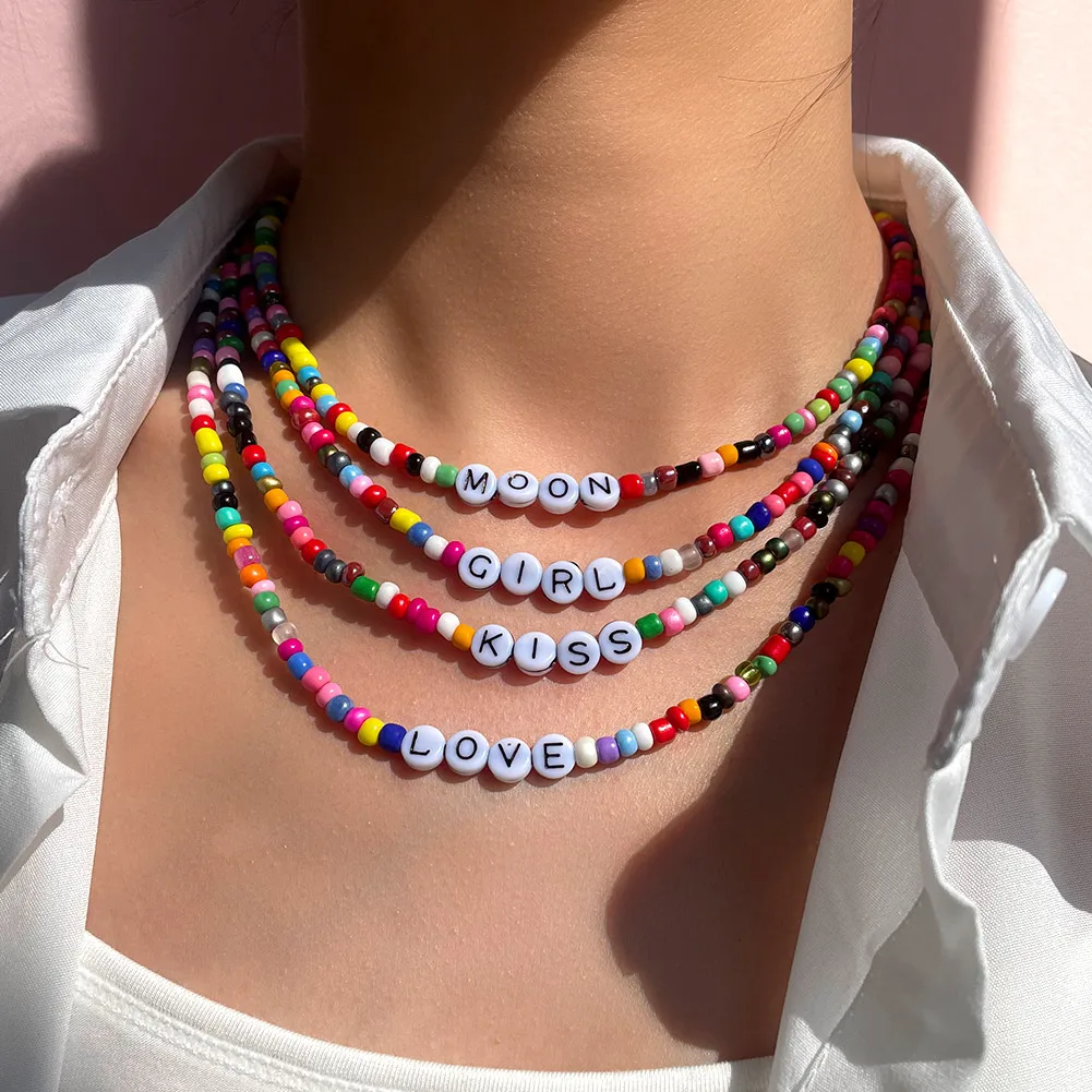 

Stylish Lovely Colorful Acrylic Beaded Jewelry Creative Letters Clavicle Chain Necklace For Women, Gold color