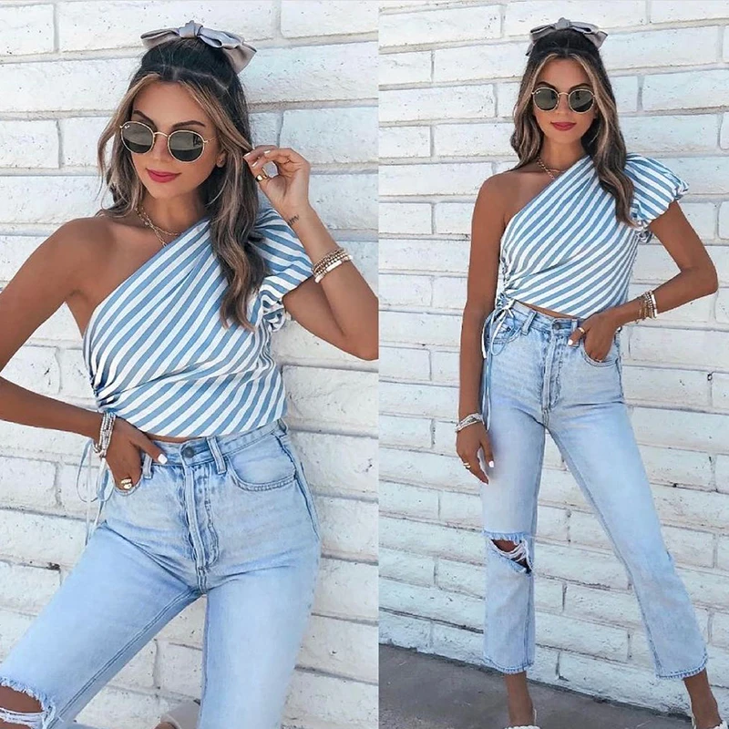 

factory wholesale Summer Women's Fashion Stripe Dress Striped Pleated One-piece Top, Picture show