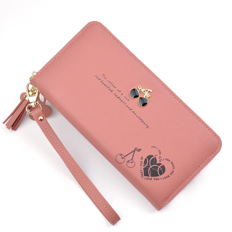 

2021 new cherry coin purse zipper leather PU women wallet with tassel, As picture