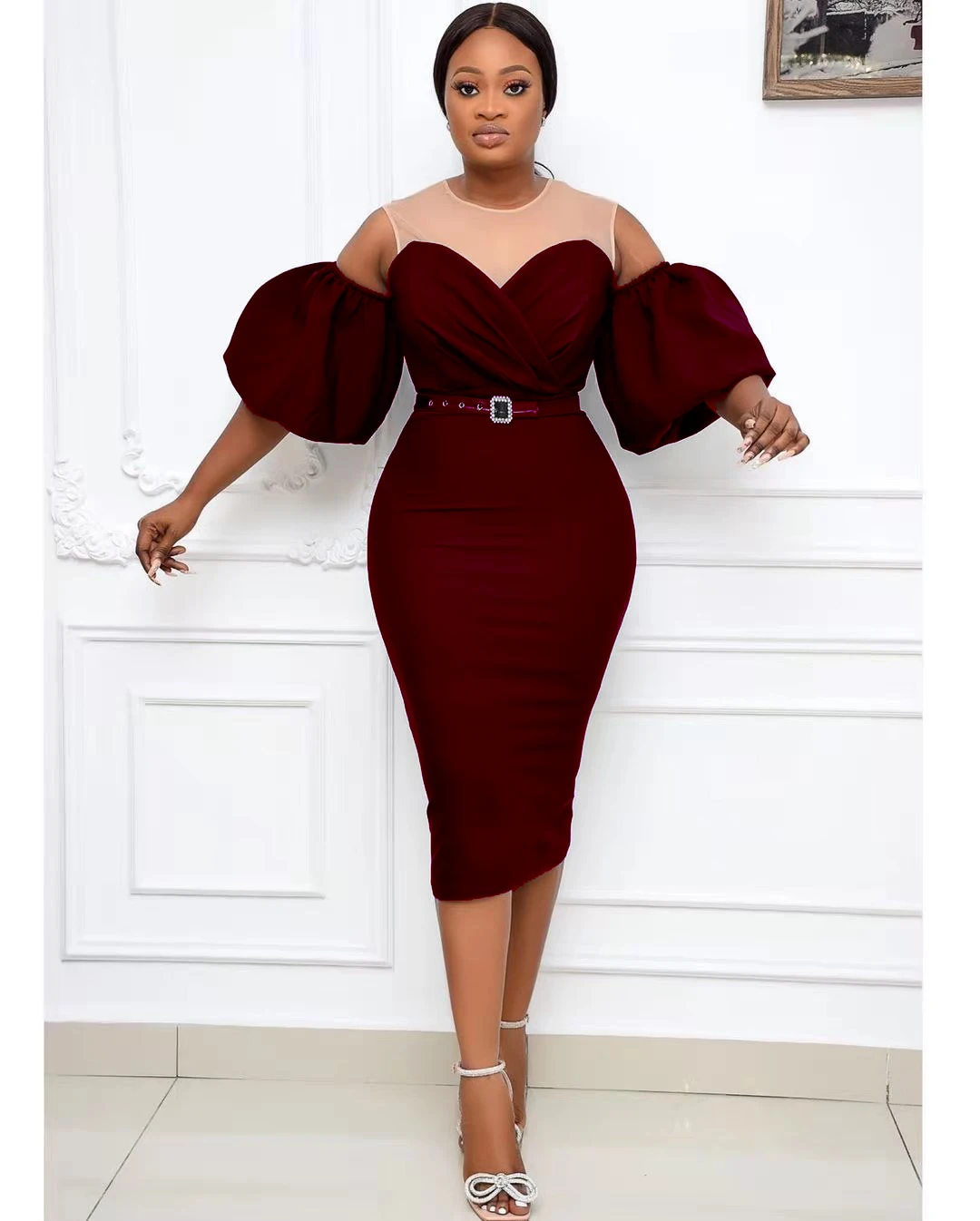 

sexy Ladies clothes Female dress Hip Wrap Puff Sleeve Cold Shoulder bodycon women dress, Shown