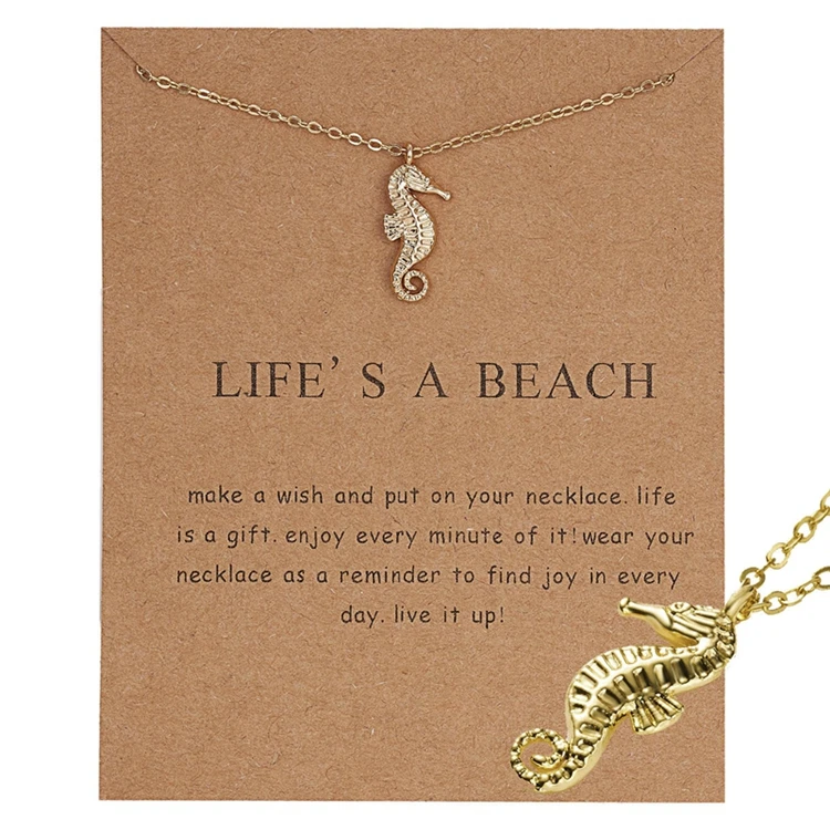 

ZHIYI Girls Women Fashion Gold Plated Smiling Face Snowflake Stick Sea Horse Pendant Make A Wish Card Necklace For Gift, Color plated as shown