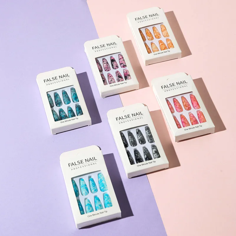 

T-shaped Long Nail Patch Bright Oil Color Marble Pattern Style Long Ballet Nail Custom Press on Nail Boxes, Mix color