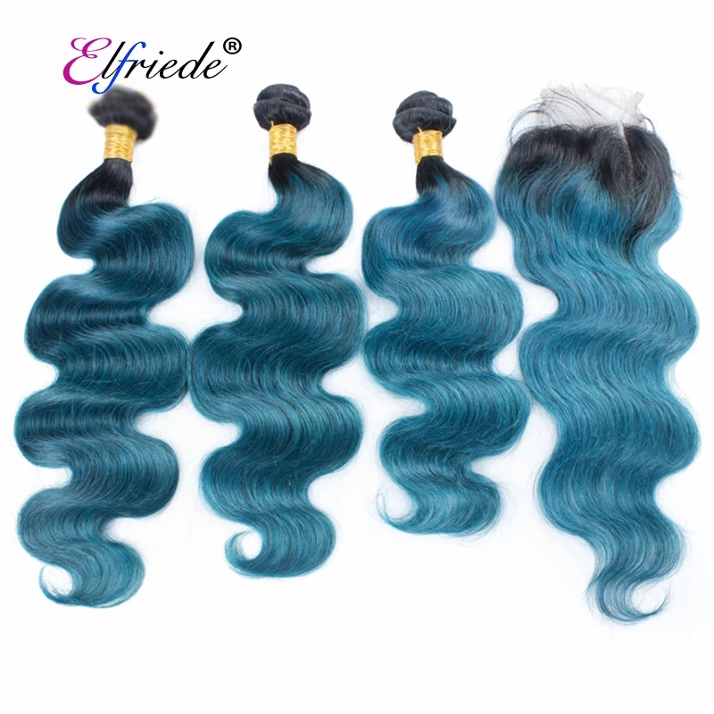 

#T 1B/Blue Body Wave Ombre Hair Bundles with Lace Closure 4"x4" Brazilian Remy Human Hair Wefts with Closure JCXT-399