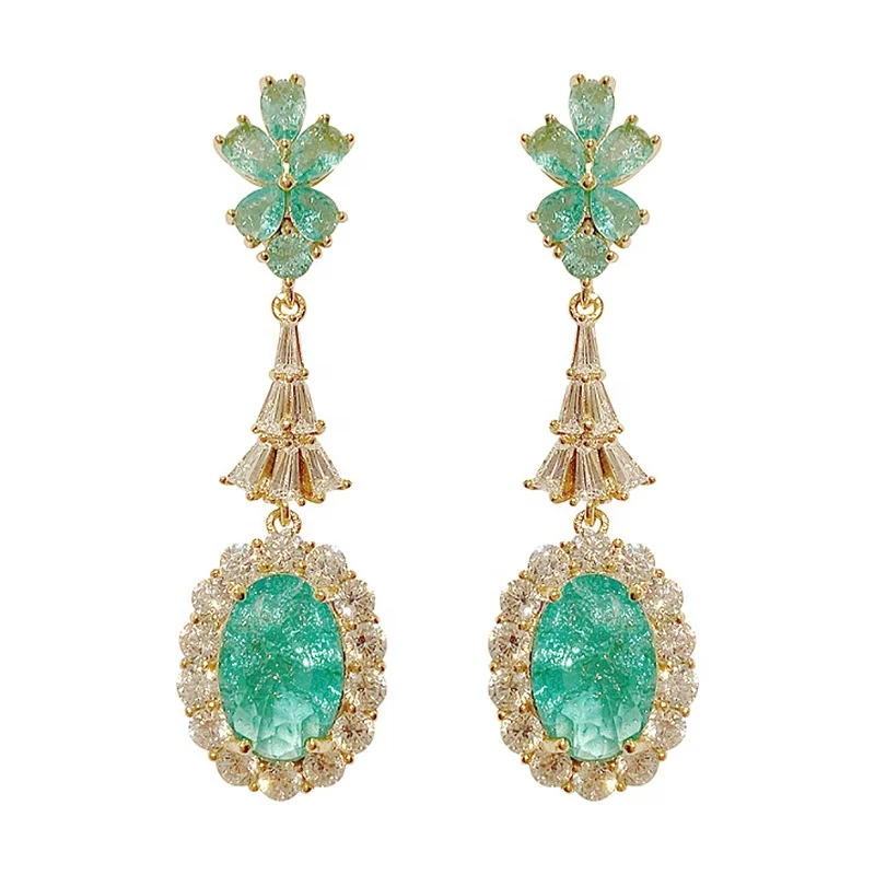 

Luxury Gold Color Oval Green Crystal Drop Long Earrings for Women Vintage Cubic Zircon Paved Fine Jewelry, Picture shows