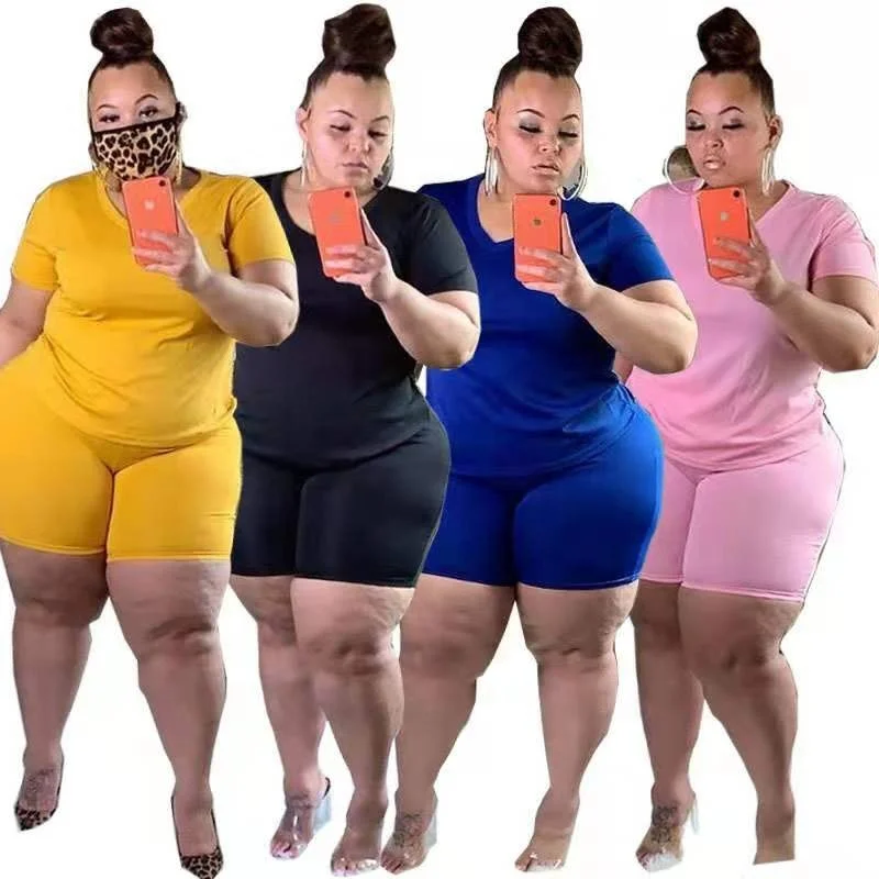 

Pure color casual sports 2 two-piece suit plus size women summer short clothing sweatsuit women sets