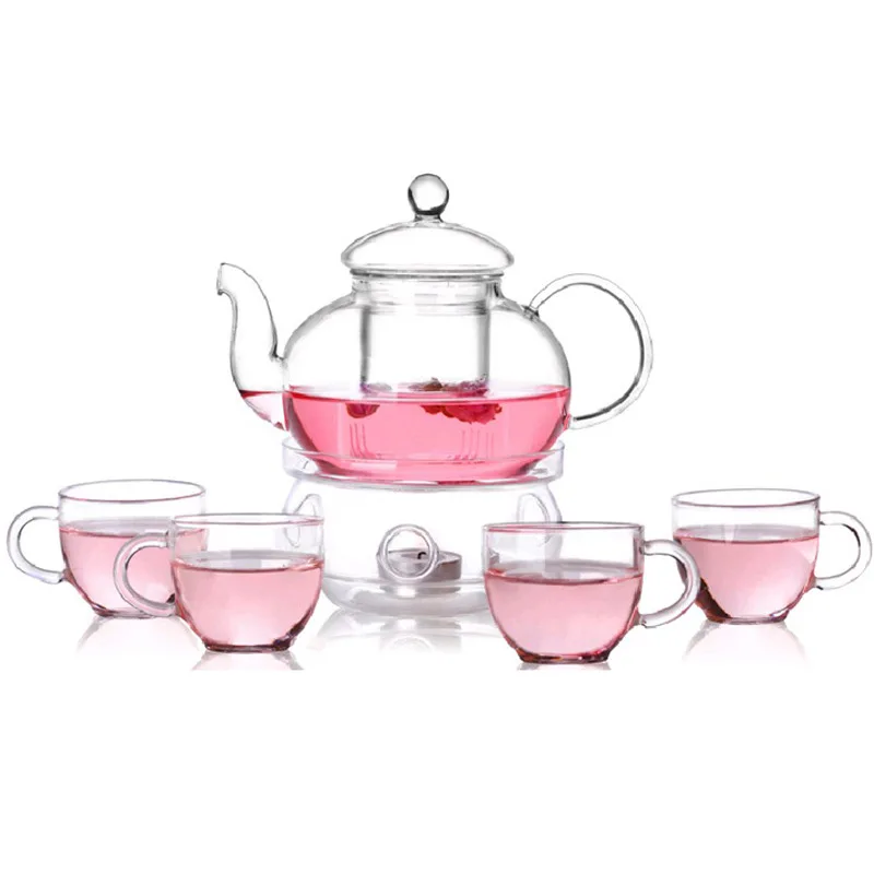 

Hot sale glass tea set glass flower tea pot with four cups, Transparent